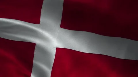 Denmark flag waving closeup with white Nordic cross on red fabric, patriotic sea Stock Footage 339547564