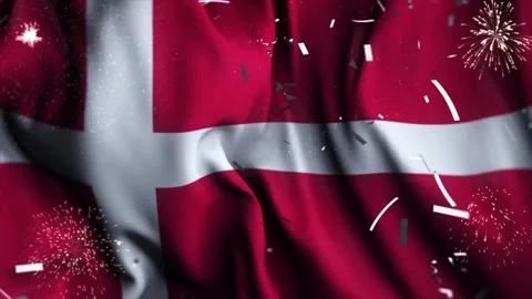 Denmark Flag Waving with Fireworks and Confetti Celebration Background Vídeo Stock 333980047