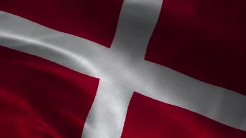 Denmark flag waving macro background with Nordic cross, red fabric texture seam Stock Footage 339547562