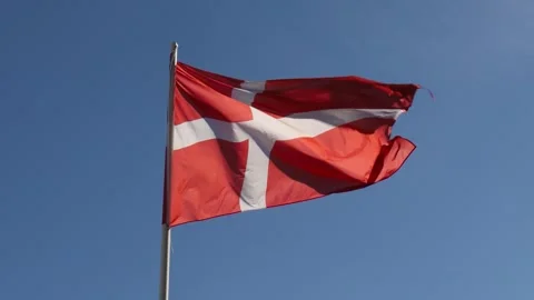 Denmark flag waving in the wind with sky background. Stock Footage 345446619
