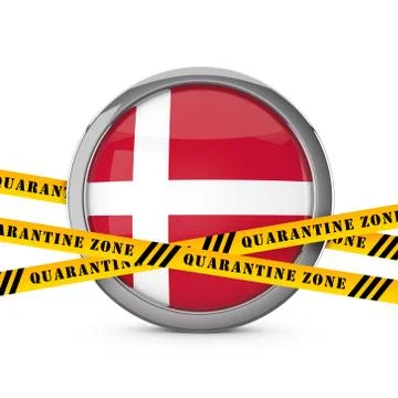 Denmark flag with yellow quarantine warning security tape. 3D Render 스톡 일러스트