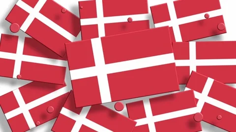 Denmark flags scattered on red background 3d motion graphics Stock Footage 325609497