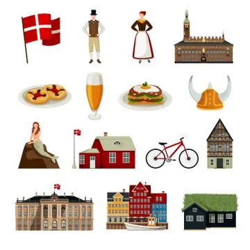 Denmark Flat Style Icons Set Stock Illustration