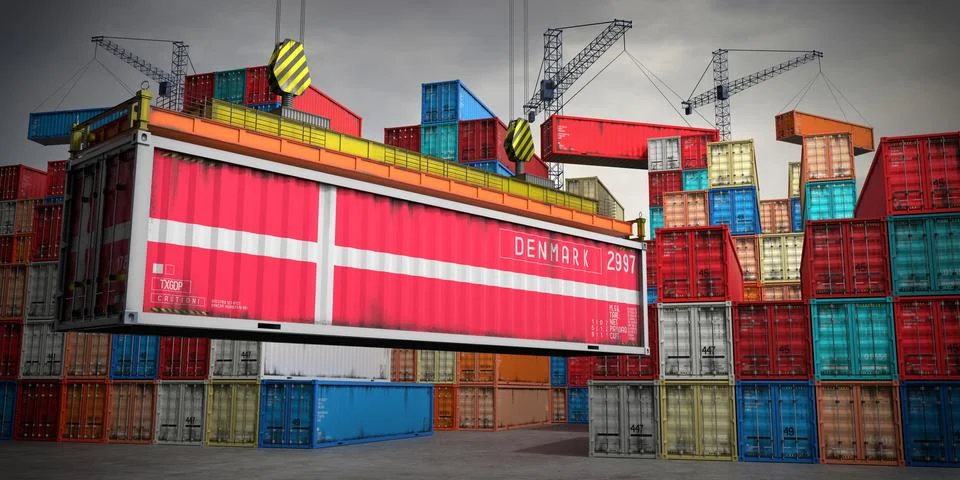 Denmark - freight container in cargo terminal - 3D illustration Stock Illustration