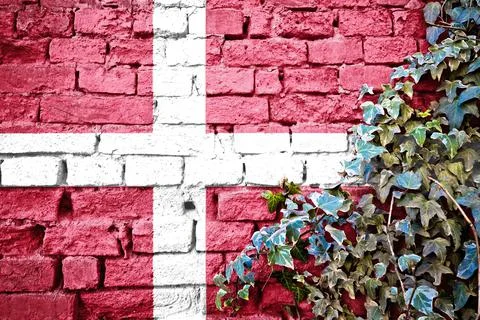 Denmark grunge flag on brick wall with ivy plant Stock Illustration