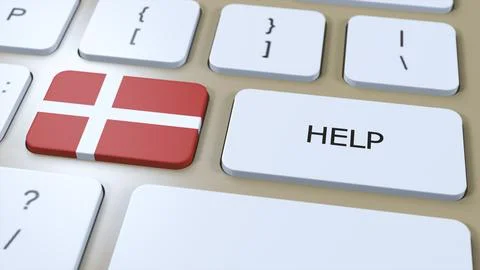 Denmark Help Concept. 3D Illustration. Country Flag with Text on Button Stock Illustration