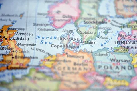Denmark Highlighted on World Map with Soft Blur Defocused Background Minima.. Foto stock
