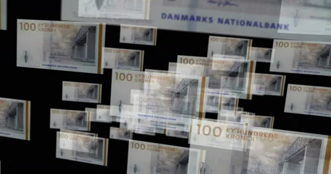Denmark Krone 100 banknote – flying between transparent money Stock Footage 232299504