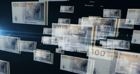 Denmark Krone 100 banknote – flying between transparent money Stock Footage 232299843