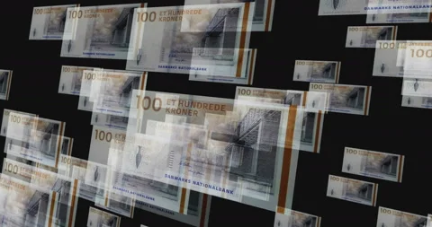 Denmark Krone 100 banknote – flying between transparent money Stock Footage 232300481