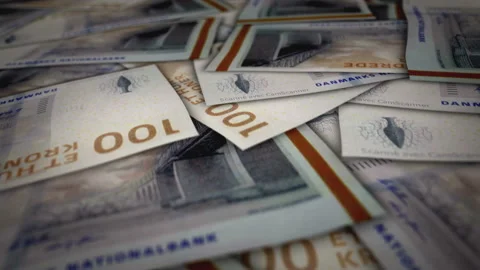Denmark Krone 100 banknote flying over money surface Stock Footage 232468719
