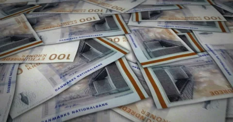 Denmark Krone 100 banknote flying over money surface Stock Footage 232469323