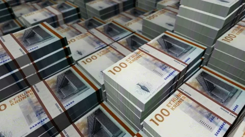 Denmark Krone 100 banknote packs - flying over DKK money stack Stock Footage 232468136