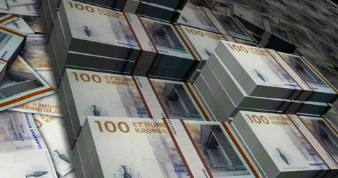 Denmark Krone 100 banknote packs - flying over DKK money stack Stock Footage 232779656