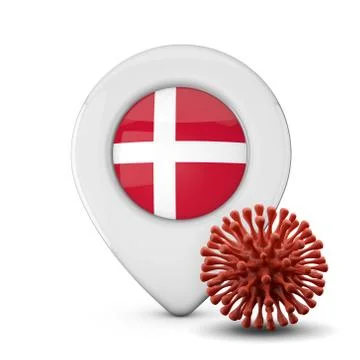 Denmark location marker with virus or disease microbe. 3D Render Stock Illustration