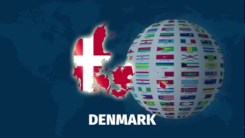 Denmark map animation, elegant video with rotating flag globe background Stock Footage 328238257