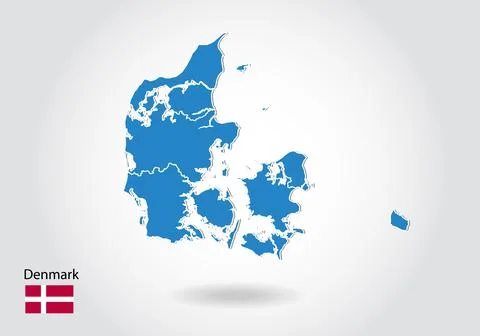 Denmark map design with 3D style. Blue denmark map and National flag. Simple  스톡 일러스트