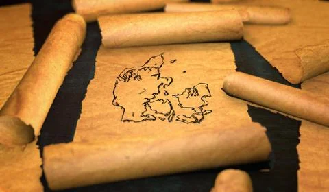Denmark Map Drawing Unfolding Old Paper Scroll 3D Illustrazione stock