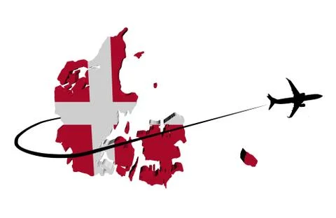 Denmark map flag with plane silhouette and swoosh 3d illustration Illustrazione stock