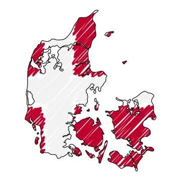 Denmark map hand drawn sketch. Vector concept illustration flag, childrens Stock Illustration