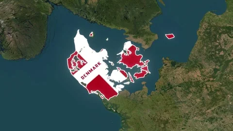 Denmark Map Highlight with Animated Flag Pin on World Satellite Map Stock Footage 341494169