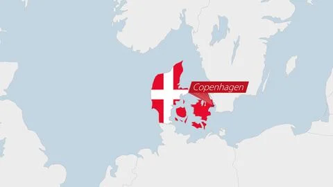 Denmark map highlighted in Denmark flag colors and pin of country capital C.. Stock-Illustration