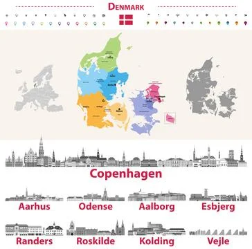 Denmark map with main cities skylines vector set Stock Illustration