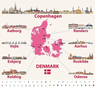 Denmark map with main cities skylines vector set Illustrazione stock