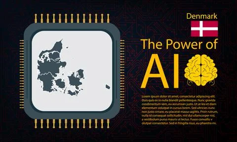 Denmark map with microchip war and AI concept on circuit board, Power of AI.. Stock Illustration