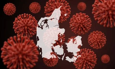 Denmark map over a scientific virus microbe background. 3D Rendering Stock Illustration
