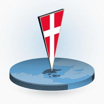 Denmark map in round isometric style with triangular 3D flag of Denmark Stock Illustration