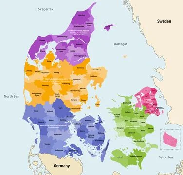 Denmark municipalities vector map colored by regions Stock Illustration
