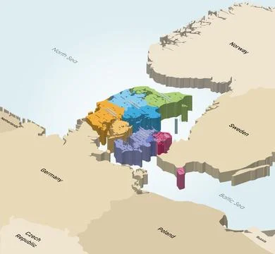 Denmark provinces isometric map colored by regions Stock Illustration