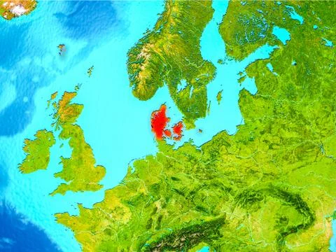 Denmark in red on Earth Stock Illustration