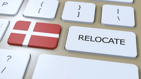 Denmark Relocation Business Concept. 3D Illustration. Country Flag with Tex.. Illustrazione stock