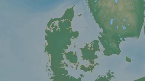 Denmark. Topographic relief map with surface waters Illustrazione stock