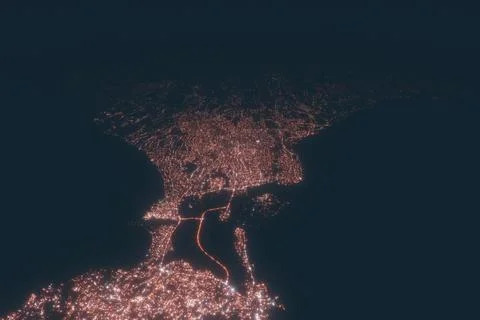 Denpas araerial view at night. Top view on modern city with street lights. Sa Stock Photos