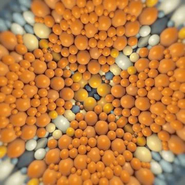 Dense 3D Pattern of Orange and Ochre Spheres with Deep Perspective Stockillustratie