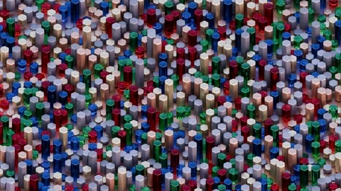 A dense, abstract composition featuring countless brightly colored vertical pill Stock Footage 340238384