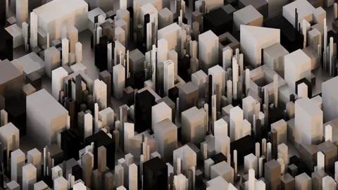 A dense, abstract composition featuring stacked geometric architectural forms re Stock Footage 340238148