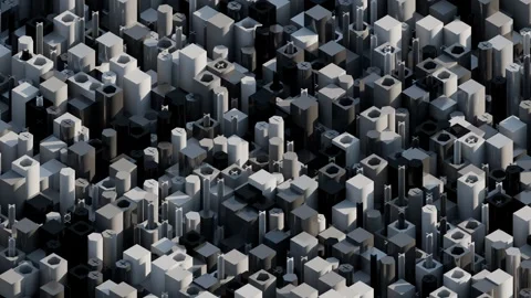 A dense, abstract composition of interlocking geometric buildings in shades of g Stock Footage 340237921