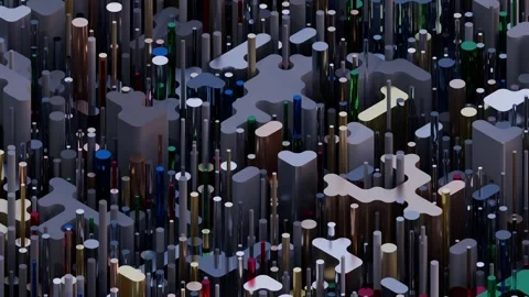 A dense, abstract visualization featuring numerous metallic and colored vertical Stock Footage 340238415