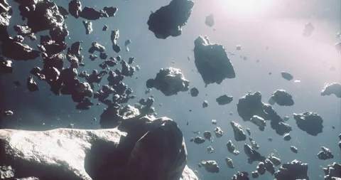 Dense asteroid belt with various rock formations floating in space Video stock 325031473