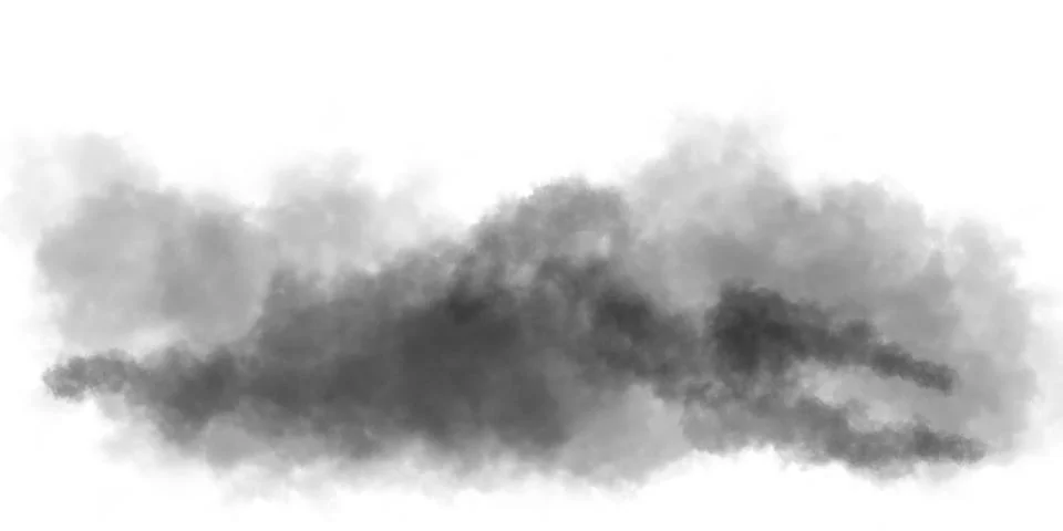 Dense black smoke cloud isolated on white background for overlay or design Illustrazione stock