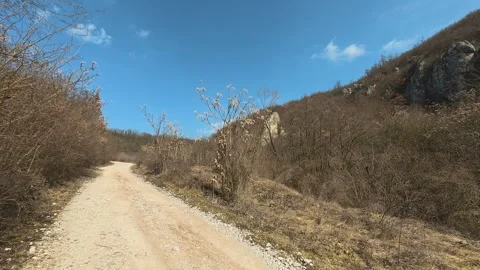 Dense brush lines a dusty trail winding upward. Mount Rtanj Area, Serbia Stock-Footage 331279450