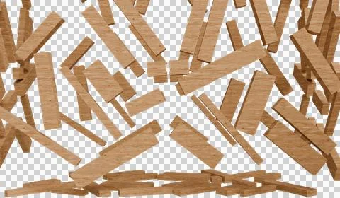 A dense, chaotic jumble of light brown wooden rectangles and planks Stock Photos