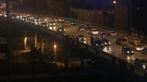 Dense city traffic on the bridge Stock Footage 98972225