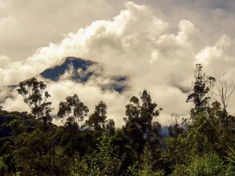 Dense clouds and mist half covering the Andean mountains at sunrise near the  Stock Photos