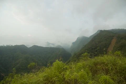 Dense clouds drift through a verdant mountain valley. Stock Photos