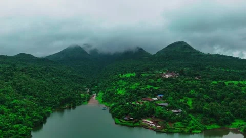 Dense Clouds Rolling Over Hills – Drone Monsoon Shot Near Karjat Stock Footage 307771286